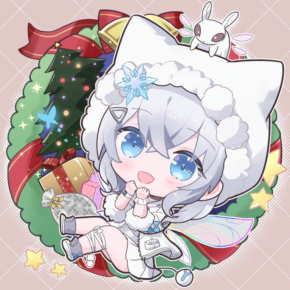 1girl :d animal_ears black_choker blue_eyes blush chibi child choker creature fairy_wings fake_animal_ears fur-trimmed_jacket fur-trimmed_sleeves fur_trim goddess_of_victory:_nikke hair_between_eyes hood hooded_jacket jacket n102_(miracle_fairy)_(nikke) n102_(nikke) nekomiya_rizu official_alternate_costume open_mouth pom_pom_(clothes) ribbon scrunchie shoes short_sleeves skirt smile sneakers white_footwear white_hair white_skirt wings wrist_scrunchie