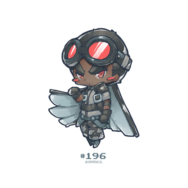 1boy animification artist_name black_hair blush boots brown_eyes chibi dark-skinned_male dark_skin gloves goggles goggles_on_head jrpencil male_focus marvel mechanical_wings metal_wings sam_wilson simple_background solo the_falcon white_background wings