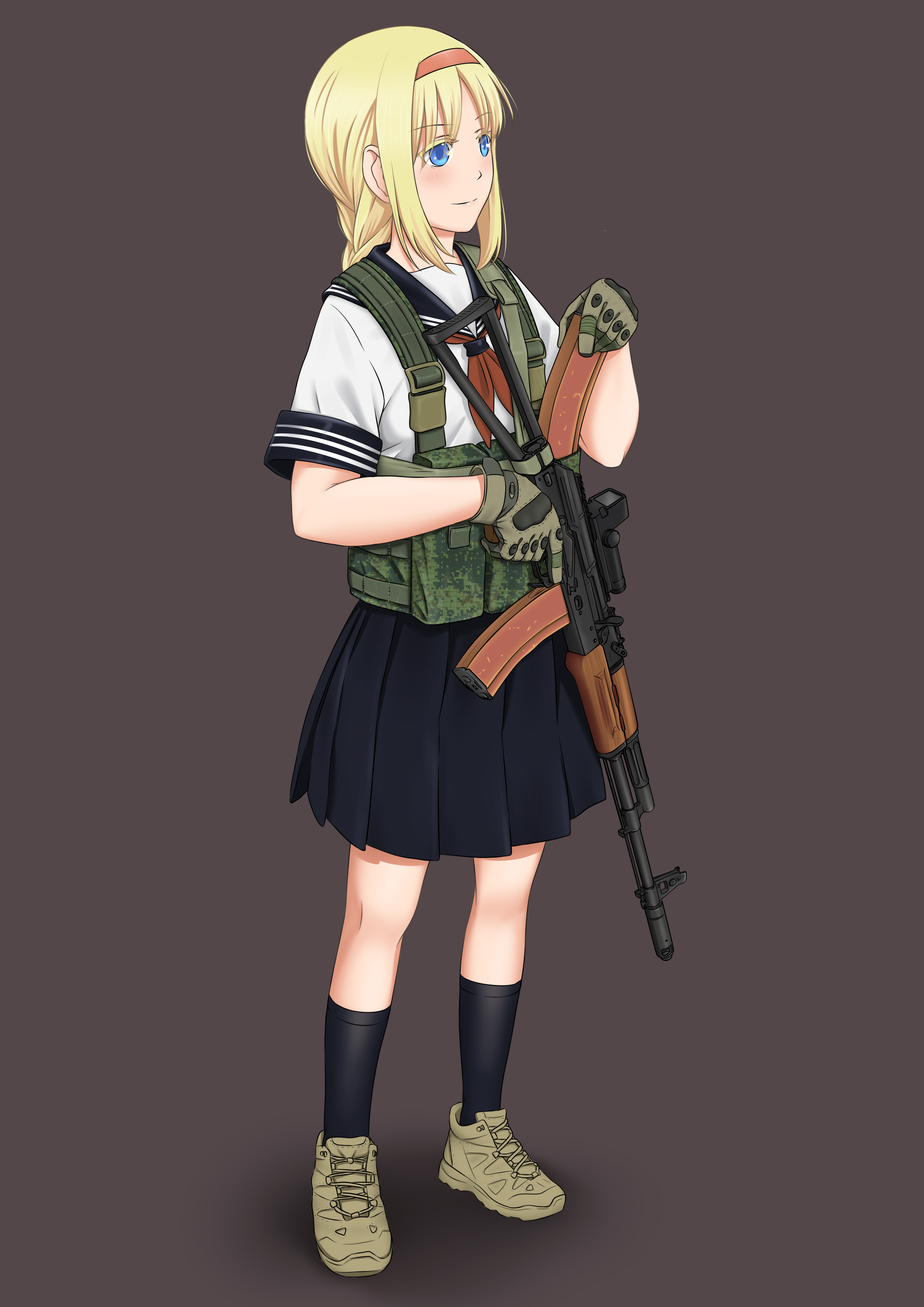 1girl absurdres ak-74 aks-74 ammunition_pouch asobi_asobase assault_rifle black_gloves black_shoes black_socks blonde_hair blue_eyes blue_sailor_collar blue_skirt blush braid braided_ponytail brown_background brown_gloves brown_shoes camouflage chest_rig closed_mouth colored_eyelashes commentary cross-laced_footwear digital_camouflage english_commentary full_body gloves gun gun_sling hairband highres holding holding_gun holding_magazine_(weapon) holding_weapon kalashnikov_rifle long_hair looking_ahead magazine_(weapon) mardjan mixed-language_commentary multicolored_gloves neckerchief olivia_(asobi_asobase) optical_sight orange_hairband parted_bangs pleated_skirt pouch red_neckerchief rifle sailor_collar school_uniform serafuku shoelaces shoes simple_background single_braid skirt sleeve_cuffs smile socks solo trigger_discipline weapon white_serafuku