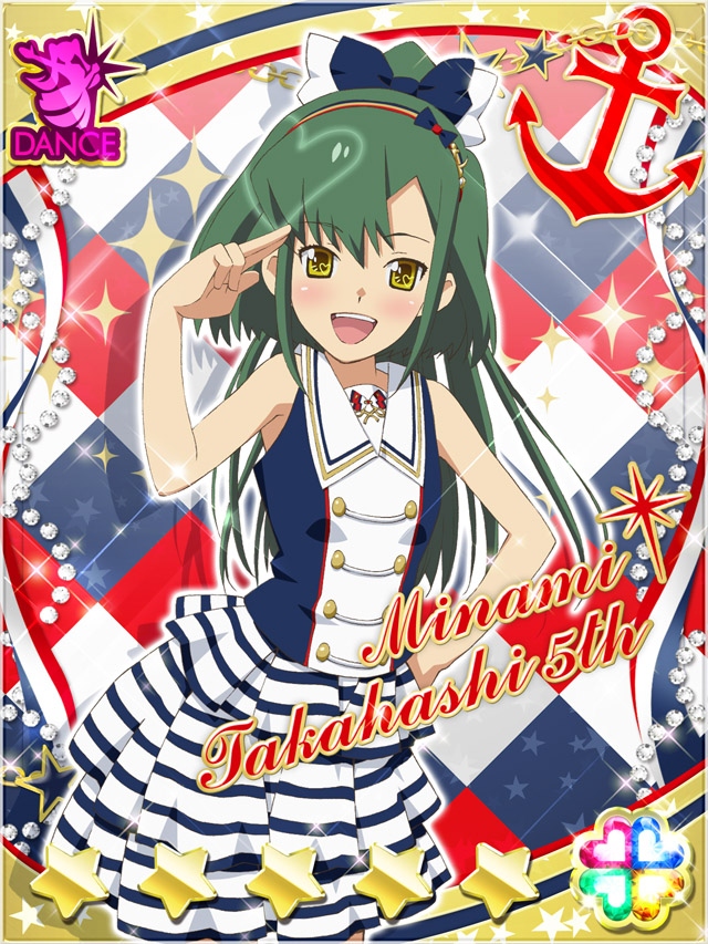 1girl :d akb0048 blue_bow bow buttons card_(medium) character_name cowboy_shot double-breasted green_hair hair_bow hand_on_own_hip hand_up heart high_ponytail horizontal-striped_skirt long_hair looking_at_viewer non-web_source official_art open_mouth ponytail salute shirt skirt sleeveless sleeveless_shirt smile solo sparkle standing star_(symbol) striped_clothes striped_skirt takahashi_minami_(akb0048) teeth two-finger_salute upper_teeth_only white_bow yellow_eyes