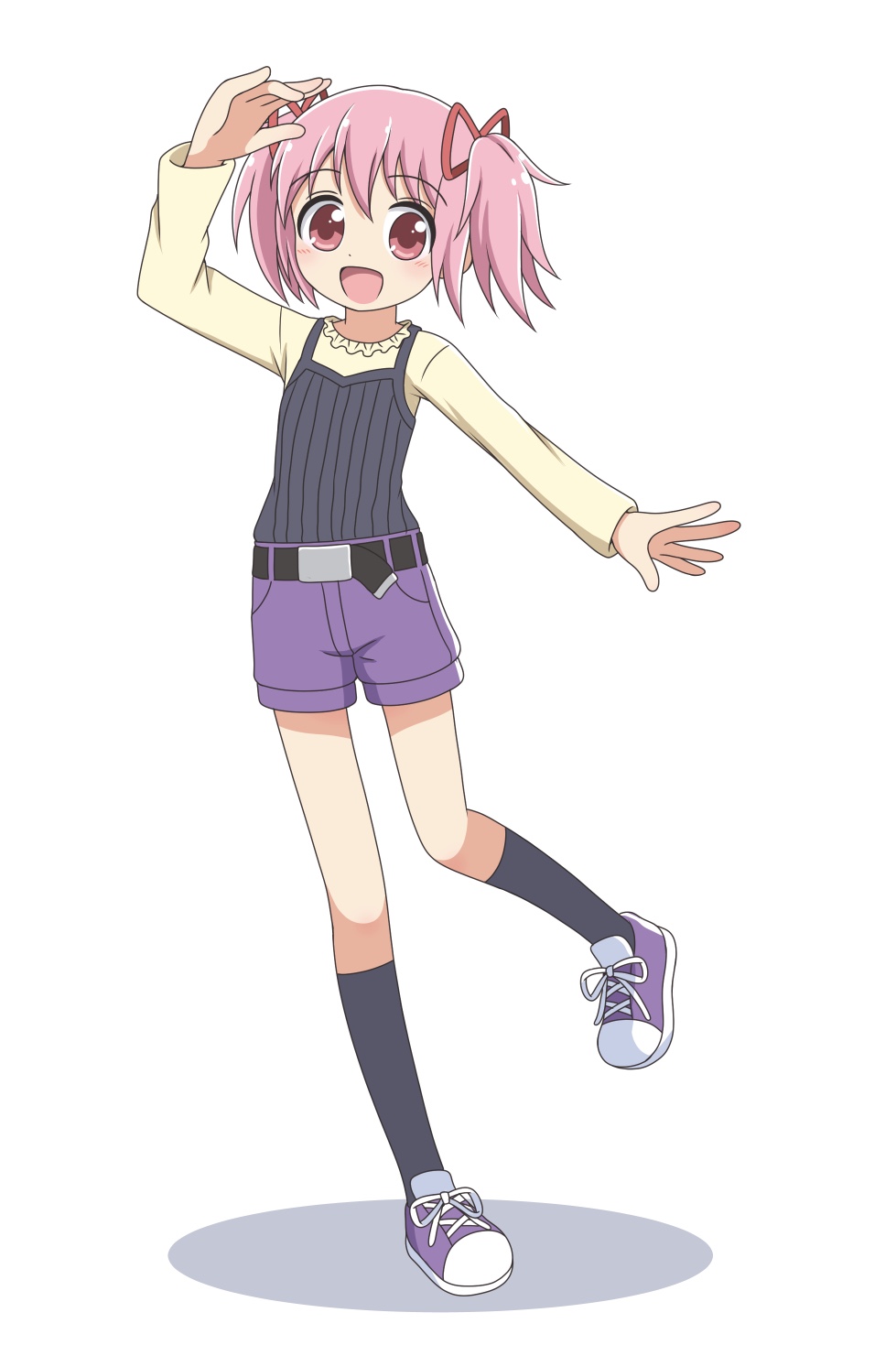 1girl alternate_costume arm_up bare_legs belt belt_buckle black_socks black_tank_top blouse blush buckle camisole casual commentary commission dot_nose drop_shadow full_body hair_between_eyes hair_ribbon highres kaname_madoka kato-shun kneehighs leg_up long_sleeves mahou_shoujo_madoka_magica open_mouth pink_eyes pink_hair pink_ribbon pixiv_commission purple_shoes purple_shorts ribbon shirt shoes short_hair short_twintails shorts simple_background sleeveless smile sneakers socks solo striped_clothes tank_top twintails vertical-striped_clothes vertical-striped_tank_top white_background yellow_shirt
