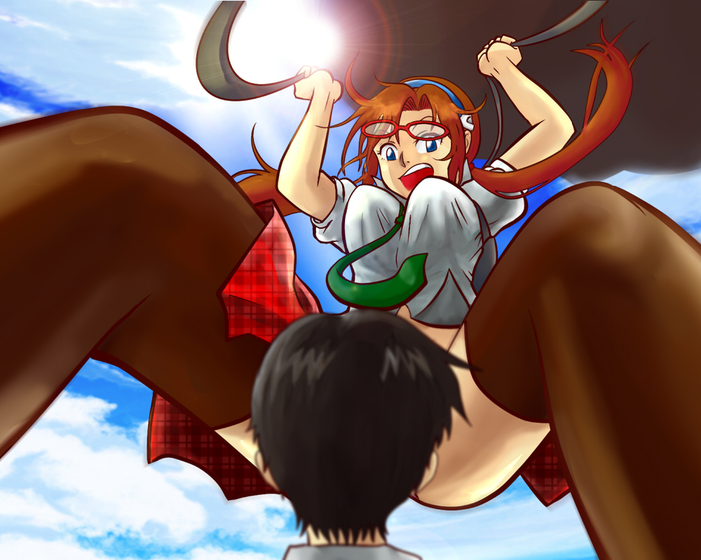 00s 1boy 1girl between_legs censored convenient_censoring convenient_head evangelion:_2.0_you_can_(not)_advance falling glasses crooked_eyewear hairband ikari_shinji long_hair makinami_mari_illustrious matirine necktie neon_genesis_evangelion parachute rebuild_of_evangelion school_uniform skirt thighhighs twintails