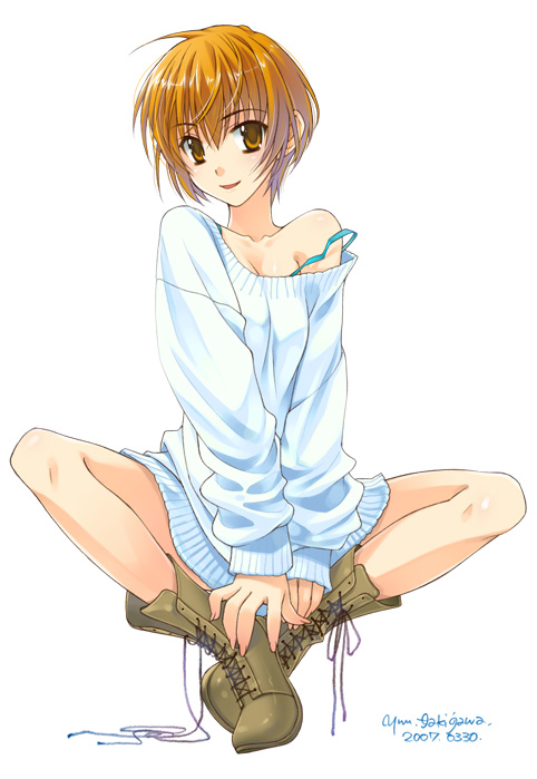 1girl :d ahoge bare_shoulders blonde_hair blue_bra blush boots bottomless bra breasts brown_hair cleavage ever_17 female_focus full_body legs lingerie medium_breasts off_shoulder official_art open_mouth orange_eyes orange_hair oversized_clothes short_hair signature simple_background sitting smile solo spread_legs strap_slip sweater takigawa_yuu tanaka_yubiseiharukana underwear yellow_eyes you