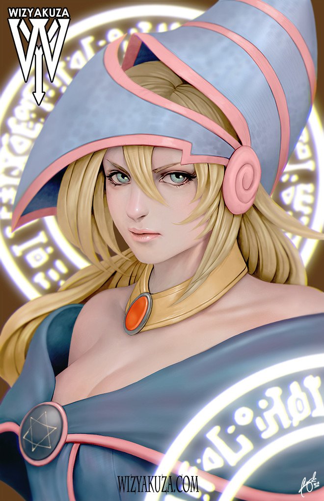 1girl aqua_eyes artist_name bare_shoulders blonde_hair breasts cleavage collarbone dark_magician_girl duel_monster female_focus hat hexagram large_breasts lips long_hair off_shoulder realistic serious signature solo upper_body watermark web_address wizard_hat wizyakuza yu-gi-oh! yu-gi-oh!_duel_monsters