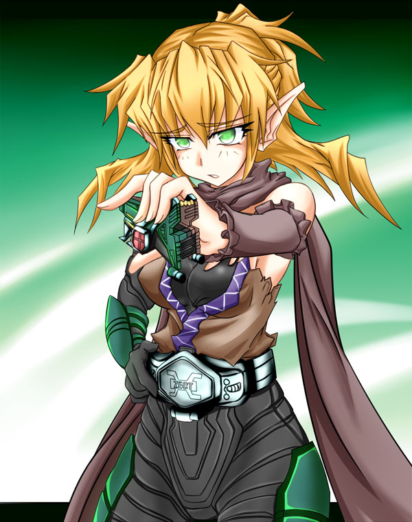 1girl belt blonde_hair female_focus gradient_background green_eyes kamen_rider kamen_rider_kabuto_(series) kamen_rider_kick_hopper kumapan mizuhashi_parsee parody pointy_ears scarf solo standing touhou white_background