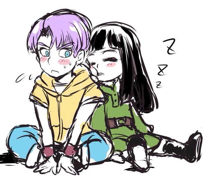 10s 1boy 1girl bad_id bad_pixiv_id belt black_hair blue_eyes blush blush_stickers boots closed_eyes dragon_ball dragon_ball_super dragon_ball_z_kami_to_kami dragonball_z full_body jacket long_hair looking_at_another looking_at_viewer mai_(dragon_ball) nervous pants purple_hair short_hair simple_background sitting sleeping sleeping_on_person sweatdrop trunks_(dragon_ball) white_background wristband yellow_jacket zzz