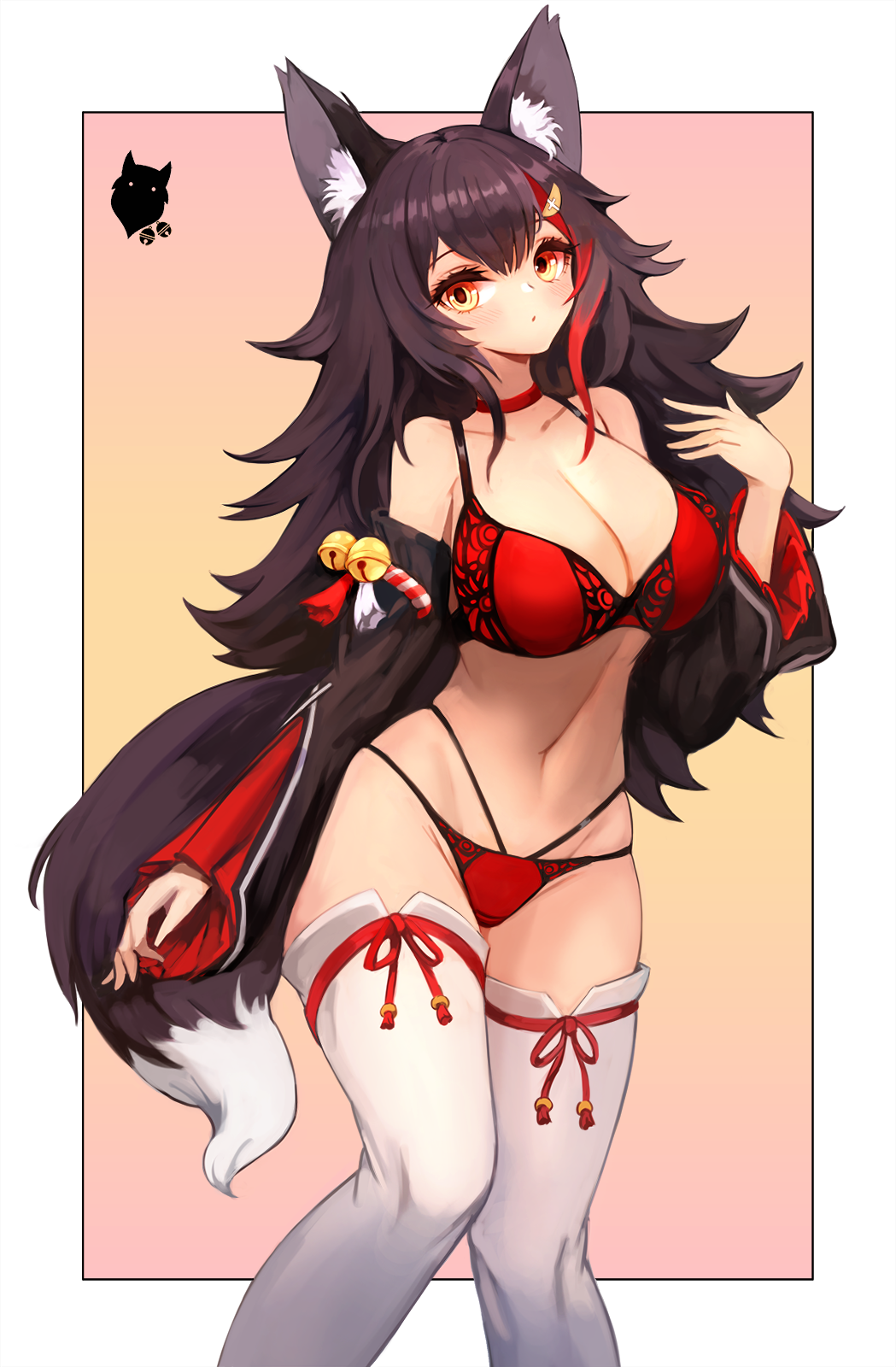 1girl animal_ear_fluff animal_ears bell black_hair border bra breasts choker cleavage collarbone detached_sleeves groin hair_ornament highres hololive large_breasts long_hair looking_at_viewer multicolored_hair navel notte ookami_mio panties red_bra red_choker red_hair red_panties red_ribbon ribbon solo stomach streaked_hair tail tassel thighhighs underwear underwear_only virtual_youtuber white_border white_thighhighs wolf_ears wolf_girl wolf_tail yellow_eyes