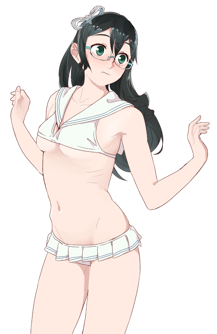 1girl bikini bikini_skirt black_hair breasts cosplay cowboy_shot female_focus glasses green-framed_eyewear green_eyes kantai_collection long_hair ojipon ooyodo_(kancolle) sailor_bikini sailor_collar semi-rimless_eyewear simple_background small_breasts solo swimsuit under-rim_eyewear white_background white_bikini z1_leberecht_maass_(kancolle) z1_leberecht_maass_(kancolle)_(cosplay) z1_leberecht_maass_(swimsuit)_(kancolle)