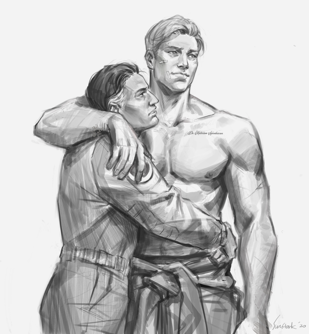 2boys abs aquiline_nose arm_around_shoulder arm_around_waist artist_name bandaid bandaid_on_cheek bandaid_on_face clothes_around_waist collarbone commentary doc_(rainbow_six_siege) greyscale hashtag-only_commentary hug jacket lion_(rainbow_six_siege) long_sleeves looking_to_the_side male_focus monochrome multiple_boys nipples nose pants pectorals rainbow_six_siege sideways_glance simple_background sketch standing sun_stark topless_male white_background yaoi