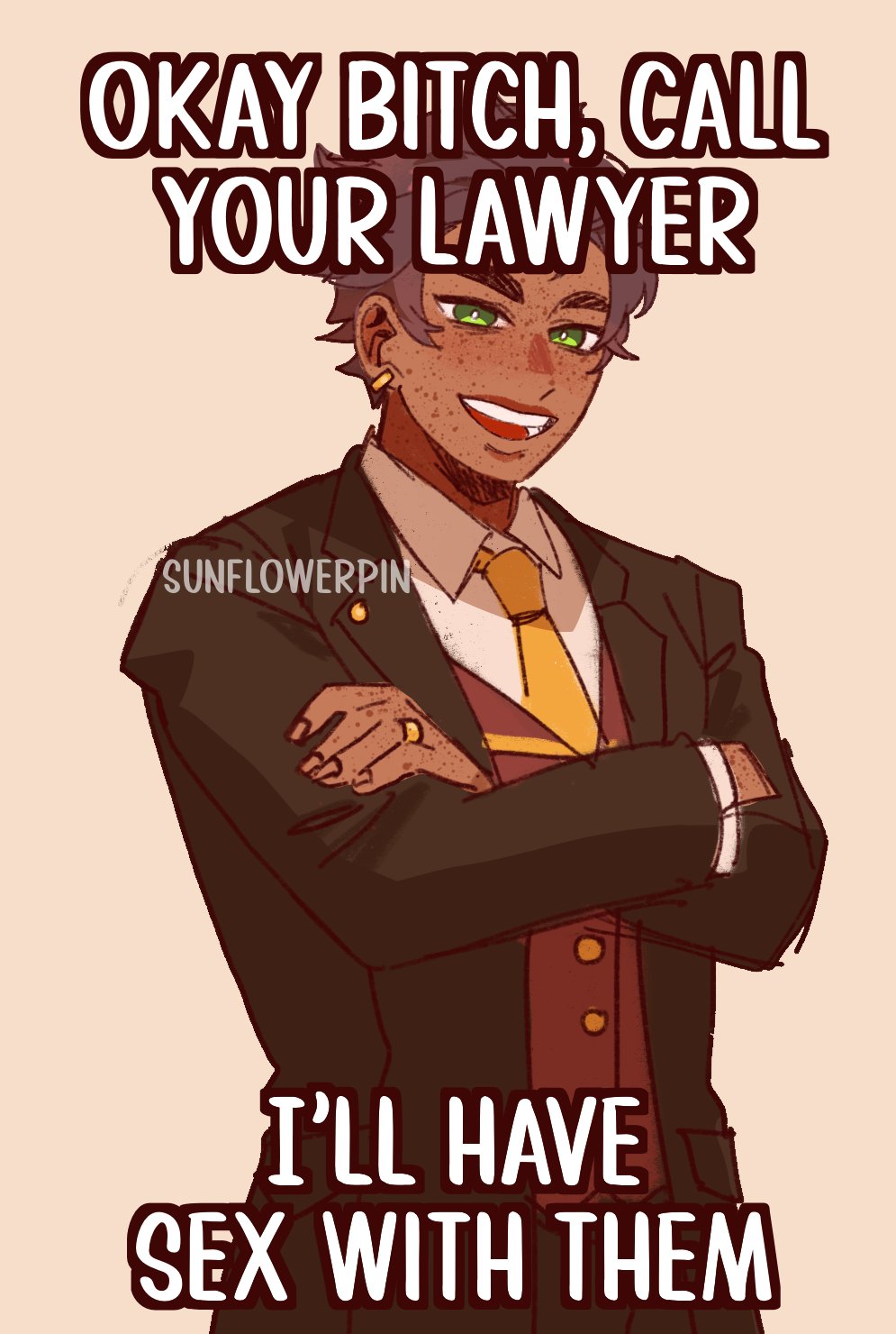 1boy blooming_panic brown_hair brown_suit collared_shirt comic_sans crossed_arms dark-skinned_male dark_skin earrings english_text formal_clothes freckles green_eyes head_tilt highres hoop_earrings jewelry looking_at_viewer male_focus neckerchief open_mouth red_vest ring shirt solo suit sunnyflowerday1 upper_body vest wedding_ring white_shirt xyx yellow_background yellow_neckerchief