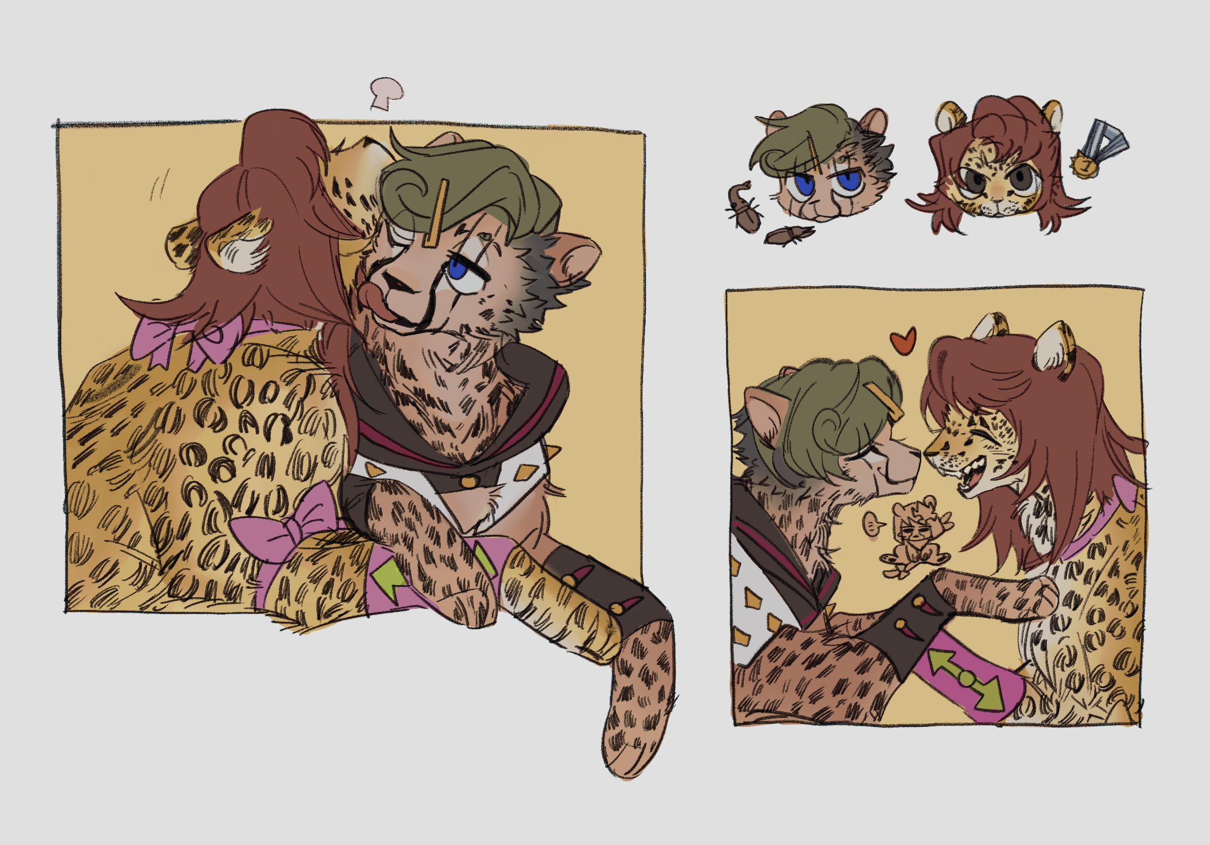 1girl 2boys animal_focus animalization beetle blue_eyes brown_hair bug cheetah couple green_hair heart higashikata_jobin higashikata_mitsuba higashikata_tsurugi highres hood hoodie husband_and_wife insect jojo_no_kimyou_na_bouken jojolion leaning_on_person medal multiple_boys no_humans open_mouth swampland tongue wrist_cuffs