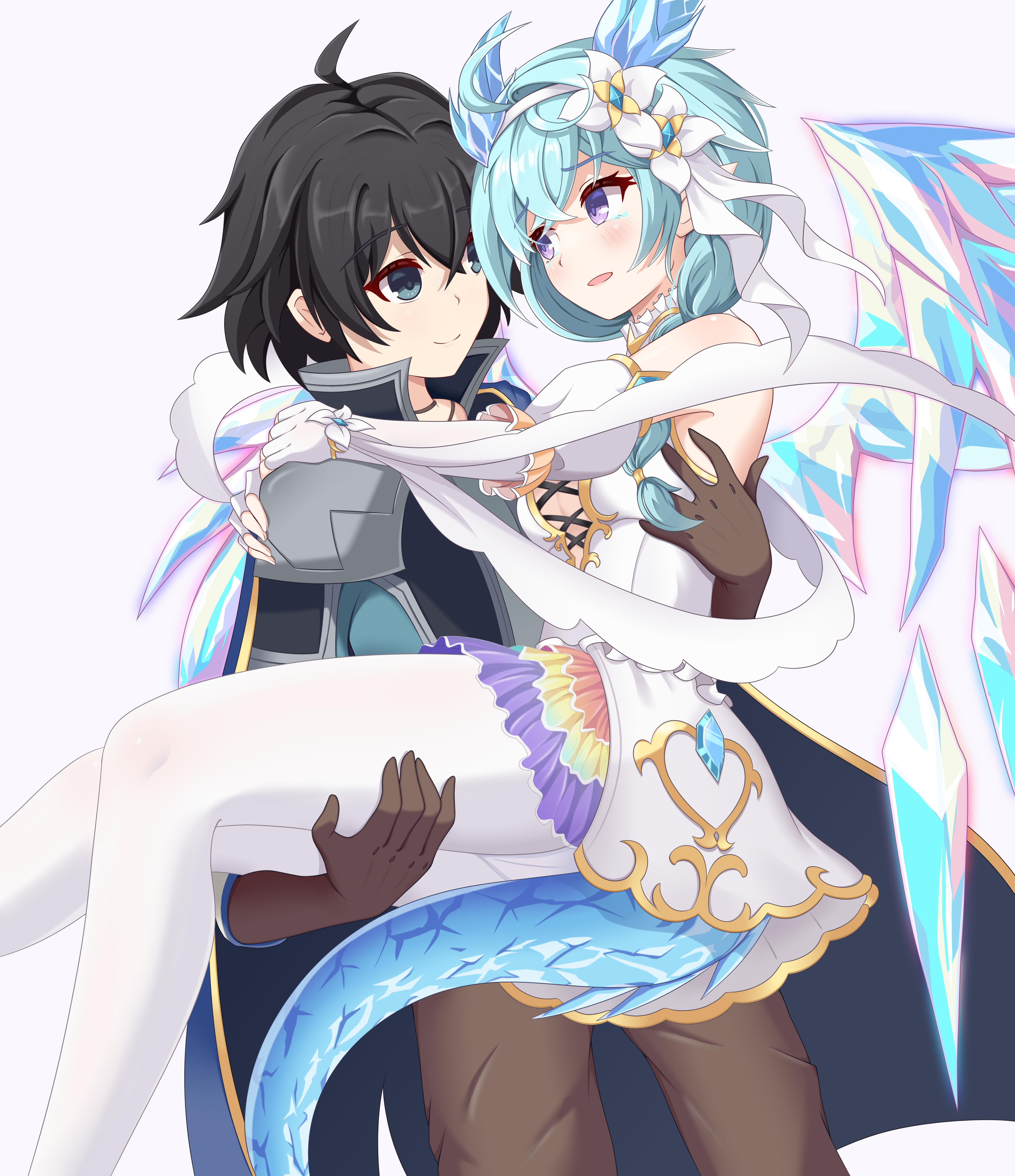 1boy 1girl absurdres armor bare_shoulders black_hair blue_eyes blue_gemstone blue_hair blue_horns braid breasts brown_pants cape carrying cross-laced_clothes cross-laced_dress crystal crystal_horns crystal_tail crystal_wings dragon_wings dress elbow_gloves fingerless_gloves flower gem gloves hair_flower hair_ornament hair_over_shoulder hairband high_collar highres horns light_blue_hair looking_at_another medium_breasts medium_hair pants pantyhose pointy_ears princess_carry princess_connect! purple_eyes rainbow_skirt sheffy_(princess)_(princess_connect!) sheffy_(princess_connect!) shirt shoulder_armor simple_background white_background white_dress white_gloves white_hairband white_pantyhose wings winterline yuuki_(princess_connect!)