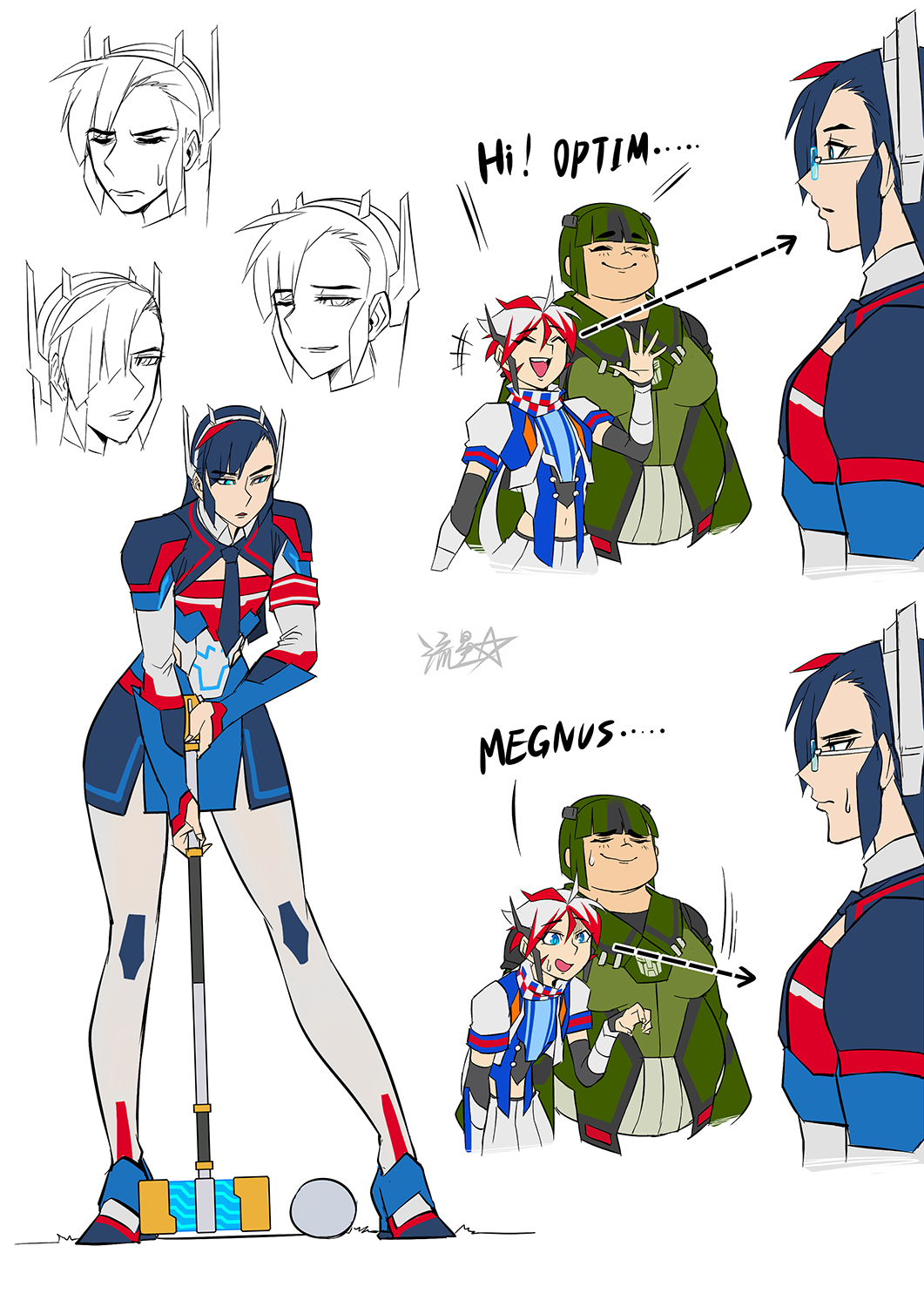 3girls autobot blue_hair bulkhead croquet fat fat_woman full_body gender_request genderswap genderswap_(mtf) glasses hammer highres multiple_girls personification ryuusei_(mark_ii) skirt smokescreen_(transformers) thighhighs transformers transformers_prime ultra_magnus weapon wedge_heels