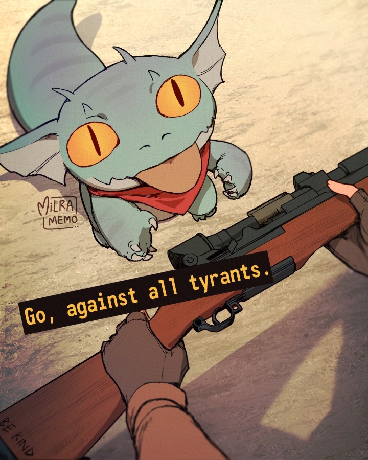 chibi claws courier_(fallout:_new_vegas) fallout:_new_vegas fallout fingerless_gloves gecko gloves go_do_a_crime_(meme) gun looking_up m1_garand meme milramemo neckerchief rifle sand scope shadow signature tongue tongue_out weapon yellow_eyes