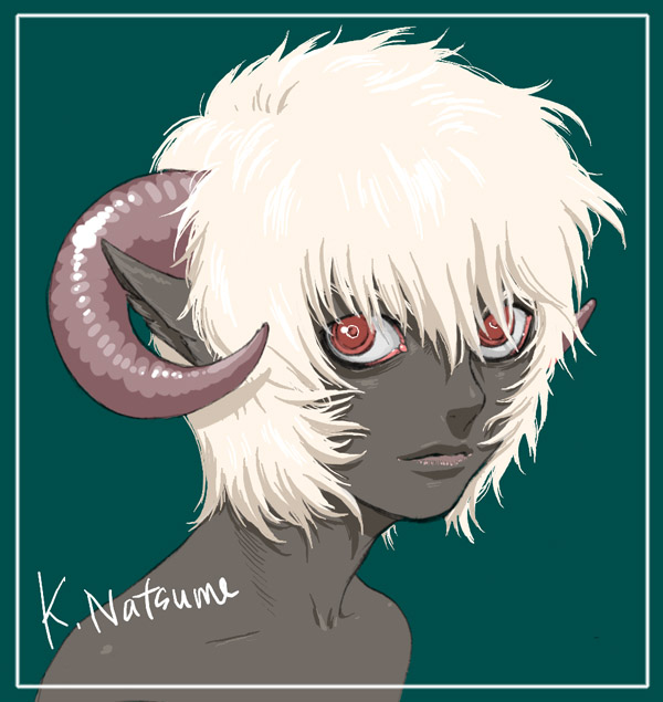 1girl bare_shoulders commentary_request curled_horns dark-skinned_female dark_skin expressionless horns looking_at_viewer original pointy_ears red_eyes sheep_horns short_hair solo sonomoto_shinzou_(natsume_kyouji) upper_body white_hair