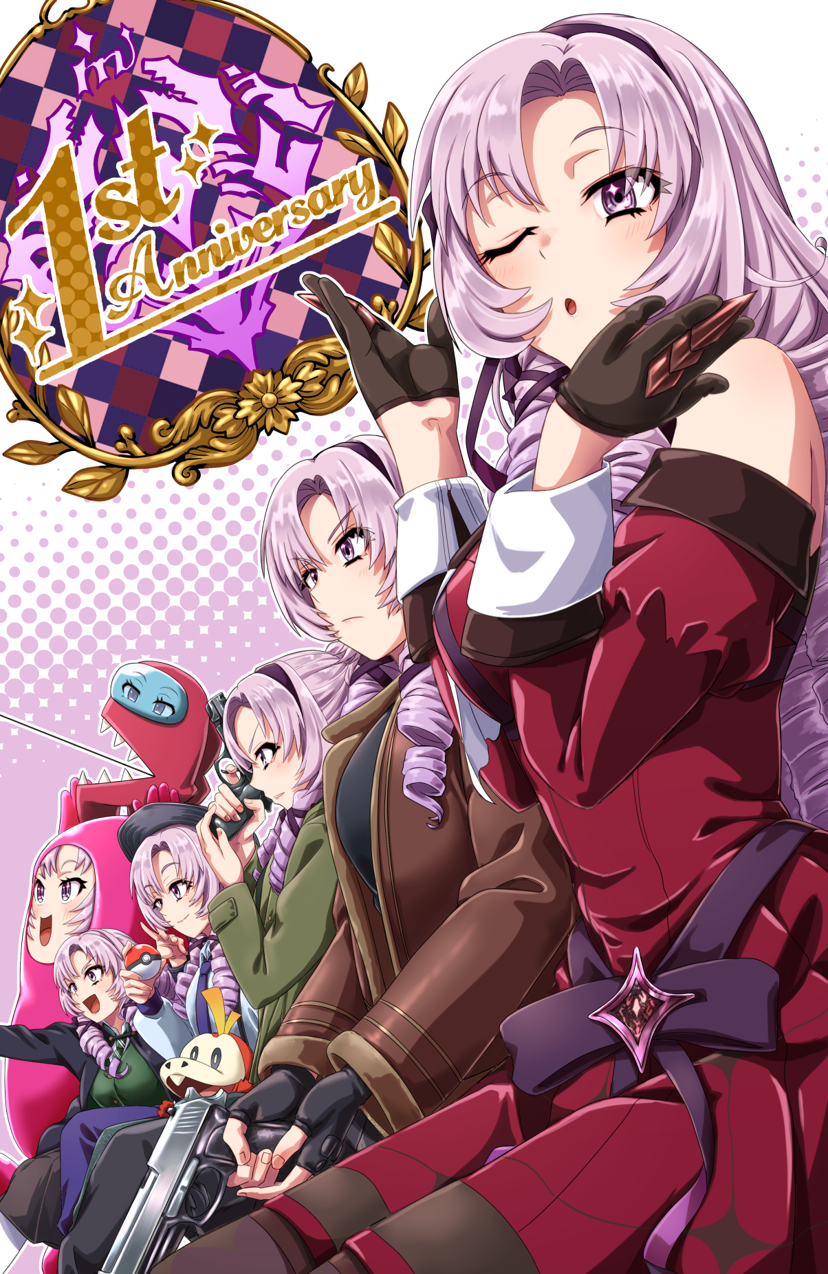 6+girls among_us anniversary bare_shoulders beret black_gloves black_headwear black_shirt breasts brown_jacket claw_ring cosplay dress drill_hair fall_guys fingerless_gloves gloves green_jacket gun hairband handgun hat highres holding holding_gun holding_poke_ball holding_weapon hyakumantenbara_salome hyakumantenbara_salome_(1st_costume) impostor_(among_us) impostor_(among_us)_(cosplay) jacket juliet_sleeves kobamiso_(kobalt) large_breasts leon_s._kennedy leon_s._kennedy_(cosplay) light_purple_hair long_hair long_sleeves looking_at_viewer multiple_girls multiple_persona nijisanji nintendo off-shoulder_dress off_shoulder one_eye_closed parted_bangs poke_ball poke_ball_(basic) pokemon pokemon_(creature) puffy_sleeves purple_eyes purple_hairband red_dress red_sleeves resident_evil resident_evil_4 resident_evil_4_(remake) sharp_teeth shirt teeth virtual_youtuber weapon