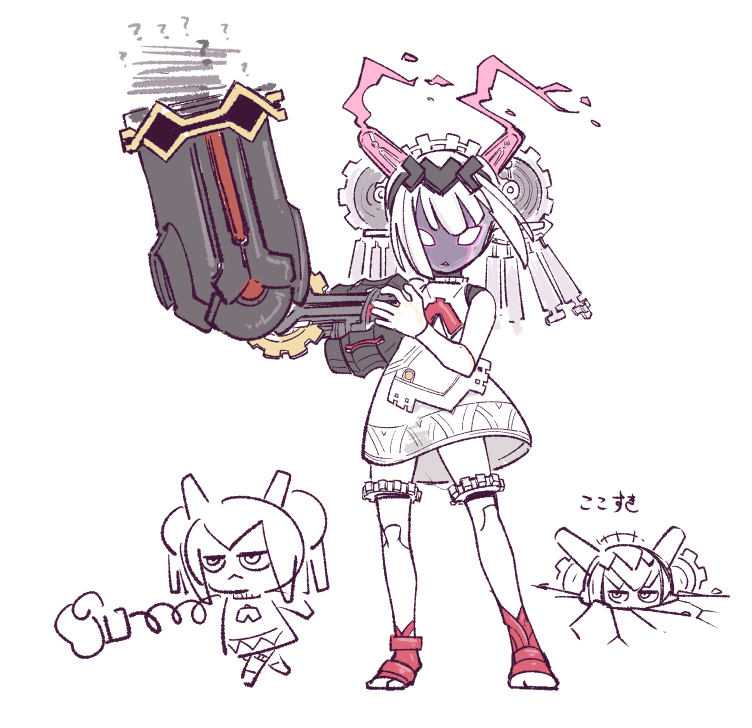 1girl ? bare_shoulders breasts cerasus_jam chibi daedalus_(fate) doll_joints dress expressionless fate/grand_order fate_(series) full_body gears glowing_pupils hair_between_eyes hairband joints light_bulb light_bulb_hair_ornament looking_at_viewer mechanical_arms medium_hair naucrate_(fate) partially_buried robot_girl rocket_punch simple_background single_mechanical_arm sketch sleeveless small_breasts solo spring_(object) thighhighs translation_request vacuum_tube white_background white_dress white_hair white_thighhighs yellow_eyes