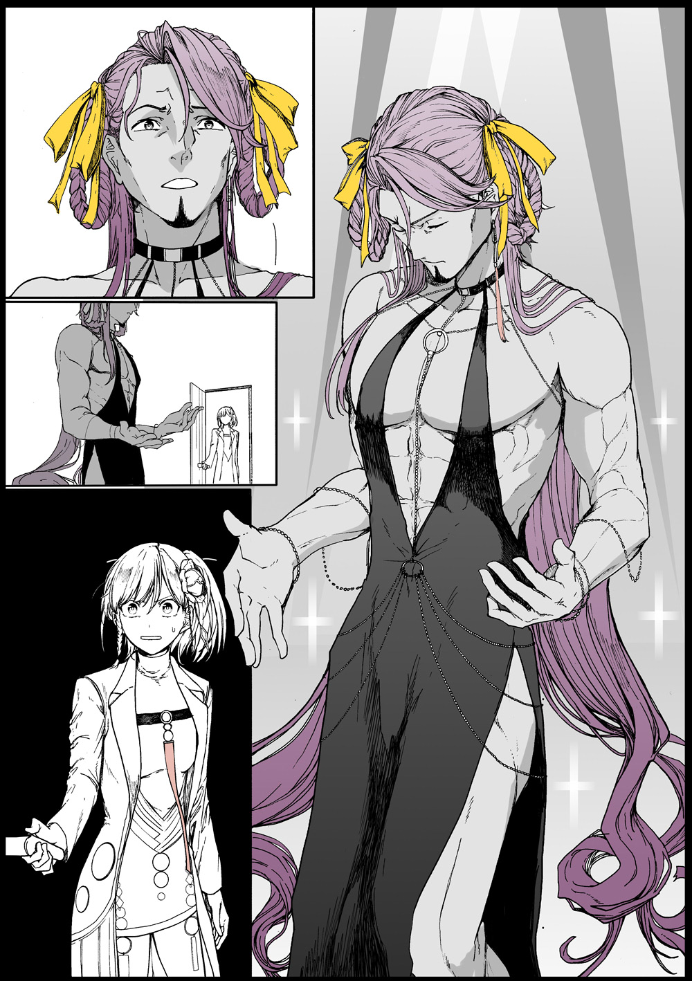 1boy 1girl alternate_hair_length alternate_hairstyle ayus_(fate) bb_dubai_(fate) bb_dubai_(fate)_(cosplay) black_dress bracelet braid braided_hair_rings cosplay crossdressing dress duryodhana_(fate) facial_hair fate/grand_order fate_(series) flower goatee greyscale hair_flower hair_ornament hair_rings highres jewelry lab_coat long_hair monochrome opening_door ponytail purple_hair spot_color syatey