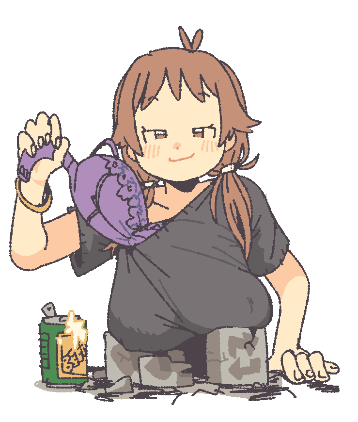 1girl beer_can black_shirt bra bracelet breasts broken brown_eyes brown_hair can commentary covered_erect_nipples crack drink_can english_commentary farfinfarfin half-closed_eyes jewelry large_breasts low_twintails no_sclera original purple_bra removing_bra removing_bra_under_shirt shirt smug solo t-shirt twintails underwear upper_body