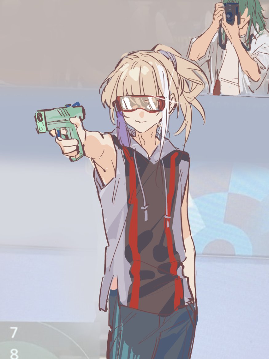 2024_summer_olympics 2boys aiming alternate_costume archer_(fate/samurai_remnant) camera closed_mouth fate/samurai_remnant fate_(series) goggles green_hair grey_hair hair_ornament hand_in_pocket high_ponytail holding holding_camera holding_water_gun hood hoodie kiwi_(mmm789520) long_hair male_focus multicolored_hair multiple_boys olympics pants ponytail shirt sidelocks sleeveless smile sparkle streaked_hair taking_picture tassel tassel_hair_ornament water_gun weapon white_hair yusuf_dikec yusuf_dikec_(meme) zheng_chenggong_(fate)