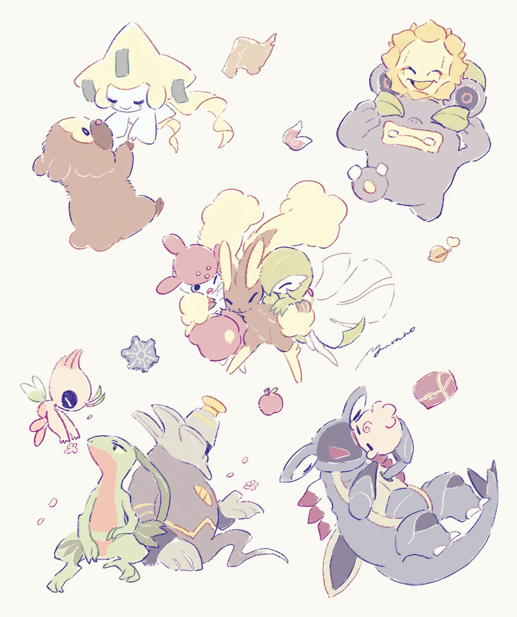 1other 5girls 6+boys alternate_color apple armaldo bidoof celebi closed_eyes commentary covering_another&#039;s_eyes dusknoir fairy_wings flower food fruit gardevoir gears gen_2_pokemon gen_3_pokemon gen_4_pokemon grovyle half-closed_eyes highres hug igglybuff jirachi legendary_pokemon lopunny loudred medicham multiple_boys multiple_girls mythical_pokemon nintendo one_eye_closed petals pokemon pokemon_mystery_dungeon pokemon_mystery_dungeon:_explorers_of_time/darkness/sky red_scarf riding scarf seed shiny_pokemon signature sitting smile sunflora treasure_chest white_background wings yurano_(upao)
