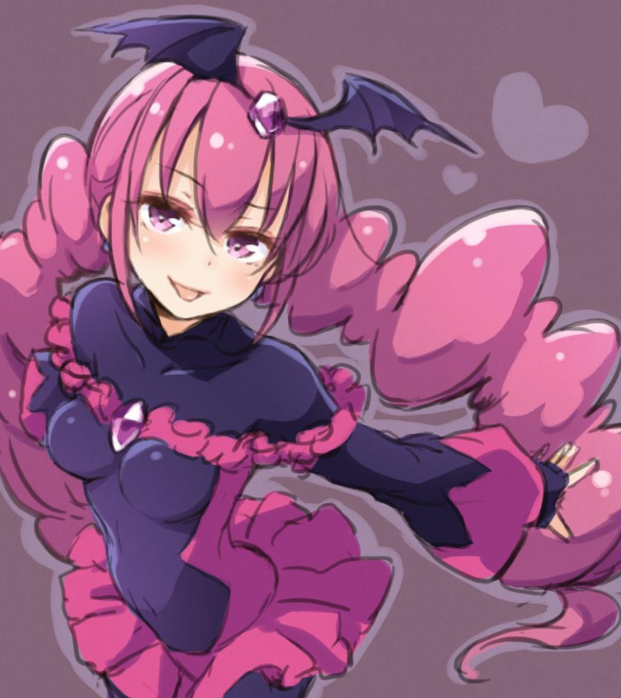 10s 1girl bad_end_happy bad_end_precure bat_wings black_bodysuit bodysuit breasts dark_persona female_focus frilled_skirt frills hair_ornament long_hair low_twintails one-hour_drawing_challenge open_mouth pink_eyes pink_hair precure purple_eyes skirt small_breasts smile smile_precure! solo standing tiara tight_clothes tokunou_shoutarou twintails wings