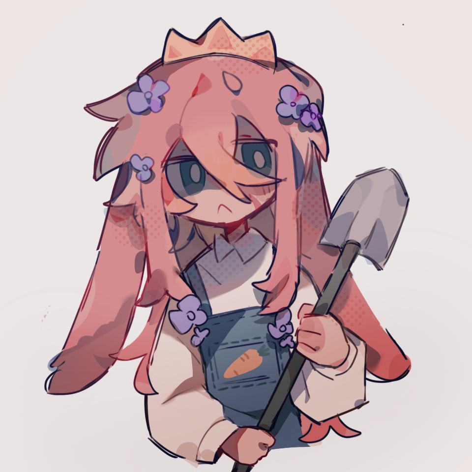 1605000977 1boy :&lt; androgynous animal_ears animification blue_eyes blue_overalls bright_pupils carrot carrot_print collared_shirt crown denim_overalls flower food_print frown girly_boy hair_flower hair_ornament holding holding_shovel long_hair long_sidelocks long_sleeves male_focus minecraft_youtube origins_smp overalls pink_hair purple_flower rabbit_boy rabbit_ears shirt shovel sidelocks simple_background solo technoblade technoblade_(bunny) variant_set white_background white_pupils white_shirt