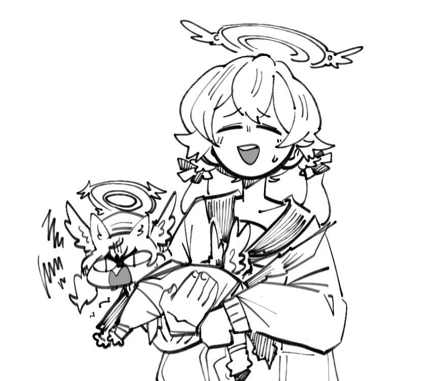 &lt;|&gt;_&lt;|&gt; 2girls animal_ears blue_archive cardigan carrying carrying_person cat_ears cat_girl cat_tail greyscale halo hat head_wings hifumi_(blue_archive) kinzaibatsu91 koharu_(blue_archive) long_hair long_sleeves low_wings monochrome multiple_girls open_mouth shirt simple_background smile tail twintails white_background wings