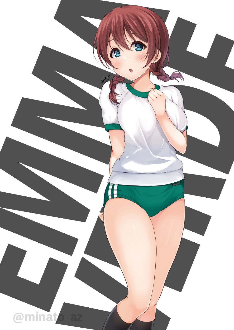 1girl blush braid breasts brown_hair buruma character_name commentary_request cowboy_shot emma_verde freckles green_buruma green_eyes gym_uniform highres hino_minato_(spec.c) large_breasts looking_at_viewer love_live! love_live!_nijigasaki_high_school_idol_club open_mouth shirt short_sleeves smile twin_braids twitter_username white_background white_shirt