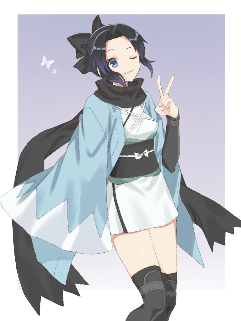 1girl bad_id bad_pixiv_id black_bow black_hair black_scarf black_thighhighs blue_background bow bug butterfly cosplay fate_(series) female_focus gradient_background gradient_hair hair_bow hair_intakes haori insect japanese_clothes kimetsu_no_yaiba kimono kochou_shinobu looking_at_viewer multicolored_hair obi okita_souji_(fate) okita_souji_(koha-ace) okita_souji_(koha-ace)_(cosplay) oshage_(osyage921) purple_hair sash scarf short_hair short_kimono solo thighhighs v white_background white_kimono