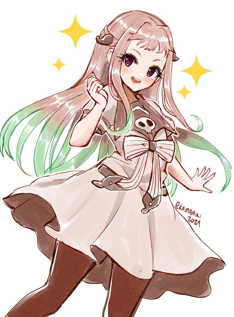 1girl 2024 bow brown_hair colored_tips commentary dress green_hair jibaku_shounen_hanako-kun kamaniki looking_at_viewer multicolored_hair open_mouth pantyhose red_eyes simple_background skull smile solo sparkle standing two-tone_hair white_background white_bow white_dress yashiro_nene