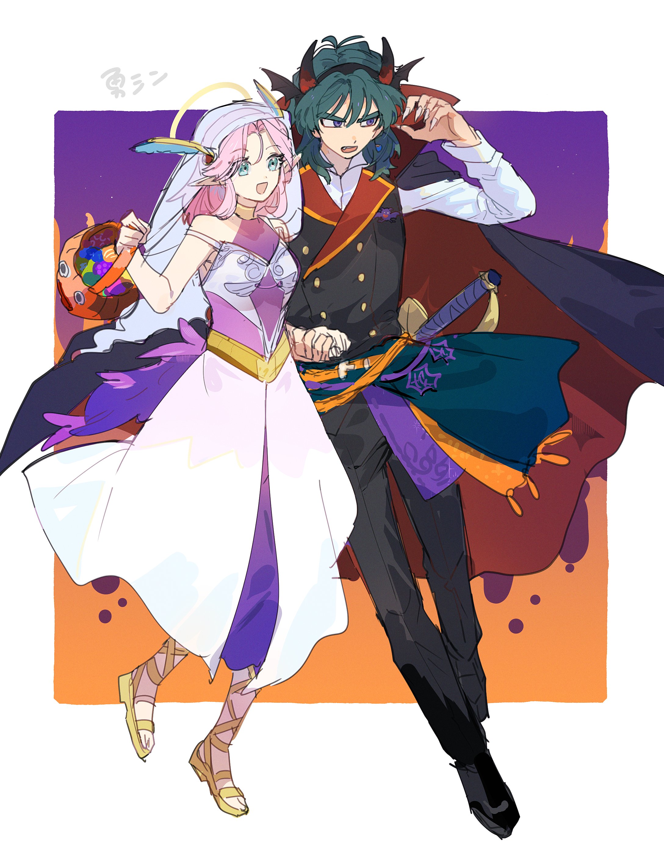 1boy 1girl absurdres angel_and_devil aqua_hair black_cape black_pants black_suit black_vest blue_eyes bucket cape claws cynthia_(dq4) demon_boy demon_horns dragon_quest dragon_quest_iv dress fake_horns fang fingernails formal_clothes green_hair hairband halloween_bucket halloween_costume halo hand_up hero_(dq4) high_collar highres holding holding_bucket holding_hands horned_headwear horns long_fingernails long_sleeves medium_hair mogana_zo open_mouth orange_background pants pink_hair popped_collar purple_background purple_dress red_cape sandals sharp_fingernails sheath sheathed sleeveless sleeveless_dress smile suit sword two-sided_cape two-sided_fabric two-tone_background two-tone_dress veil vest weapon white_dress white_veil