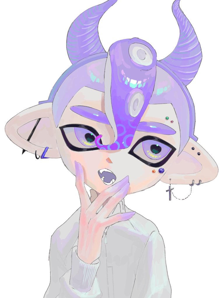 1boy commentary_request cross cross_earrings demon_horns ear_piercing earrings fake_horns hand_on_own_chin horns jewelry kurutot1 mohawk nintendo octoling octoling_boy octoling_player_character open_mouth piercing pointy_ears purple_eyes purple_hair short_hair simple_background solo splatoon_(series) sweater teeth tentacle_hair thick_eyebrows upper_body white_background white_sweater