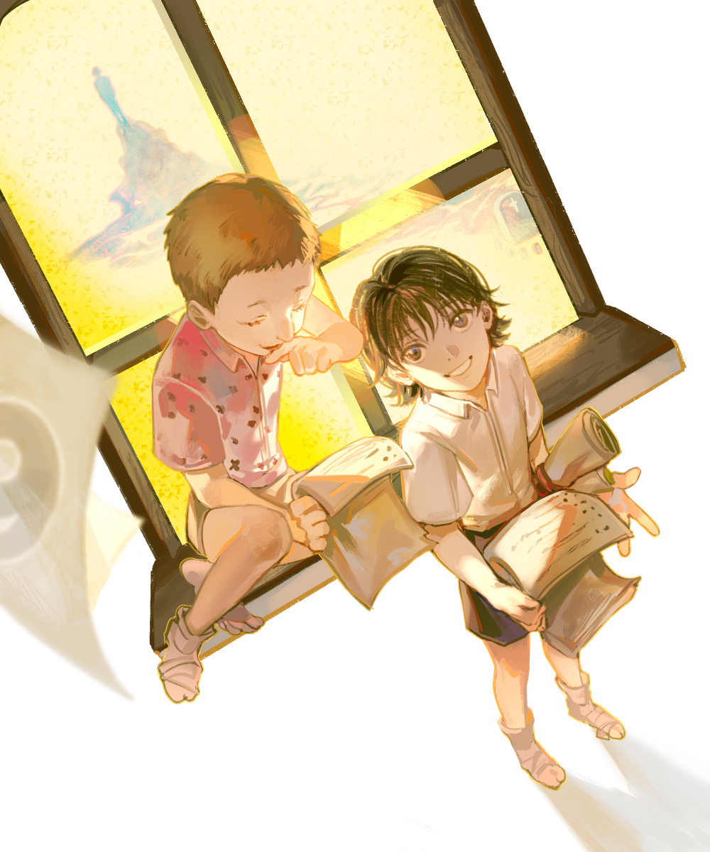 1boy 1girl aged_down aquiline_nose blonde_hair chrollo_lucilfer closed_eyes highres hunter_x_hunter komeokun nose pakunoda short_hair white_background
