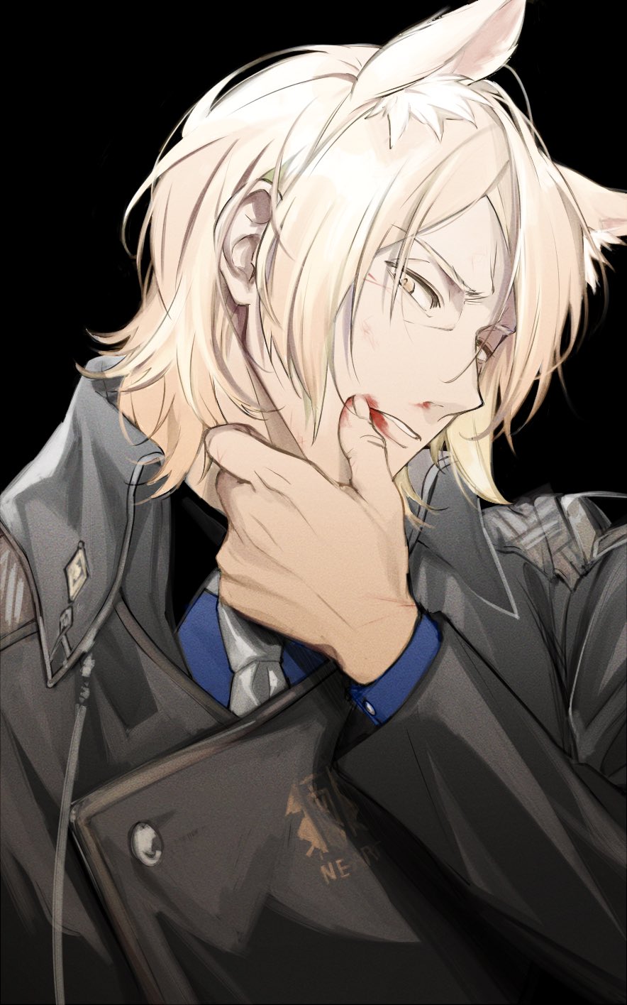 1boy animal_ears arknights arm_up black_background black_jacket blonde_hair blood blood_on_face blue_shirt frown head_tilt highres horse_boy horse_ears ieiieiiei jacket looking_at_viewer male_focus mlynar_(arknights) necktie nosebleed shirt short_hair sidelocks simple_background solo upper_body white_necktie wiping_blood yellow_eyes