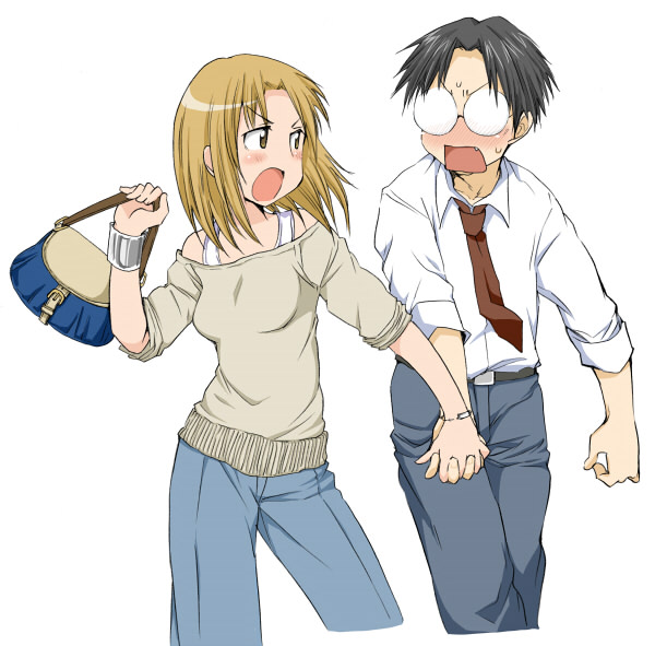 00s 1boy 1girl angry arm_up bag bare_shoulders black_hair blush bracelet brown_eyes brown_hair couple dress_shirt fang genshiken glasses handbag hetero holding_hands jewelry kasukabe_saki long_hair madarame_harunobu necktie opaque_glasses open_mouth shirt short_hair simple_background sleeves_rolled_up sweat ubizo white_background