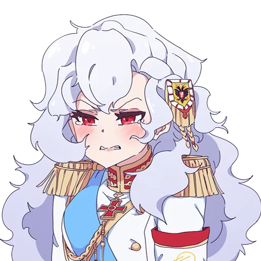 1girl aiguillette alpha_(alpha_1918) armband biting_own_lip blue_sash blush breasts buttons clenched_teeth collar cross cross_pendant crying crying_with_eyes_open embarrassed epaulettes findoworld fluffy fluffy_hair furrowed_brow gold_buttons gold_trim hair_ornament lips long_hair looking_to_the_side medium_breasts military military_uniform original red_eyes red_sleeve_cuffs russian_empire sash sleeve_cuffs solo sputnik_and_pogrom sticker tears teeth transparent transparent_background very_long_hair white_hair