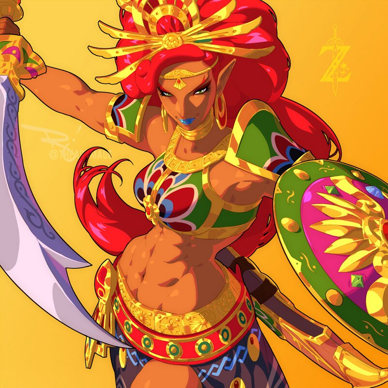 1girl abs armor blue_lips breasts circlet cowboy_shot crop_top dark-skinned_female dark_skin earrings gerudo green_eyes holding holding_shield holding_sword holding_weapon hoop_earrings jewelry long_hair long_skirt looking_at_viewer makeup medium_breasts midriff muscular muscular_female narrowed_eyes navel neck_ribbon nintendo orange_background pointy_ears print_skirt red_hair ribbon shield shoulder_armor side_slit skirt smile solo swept_bangs sword tan the_art_mage the_legend_of_zelda the_legend_of_zelda:_breath_of_the_wild urbosa weapon wide_ponytail