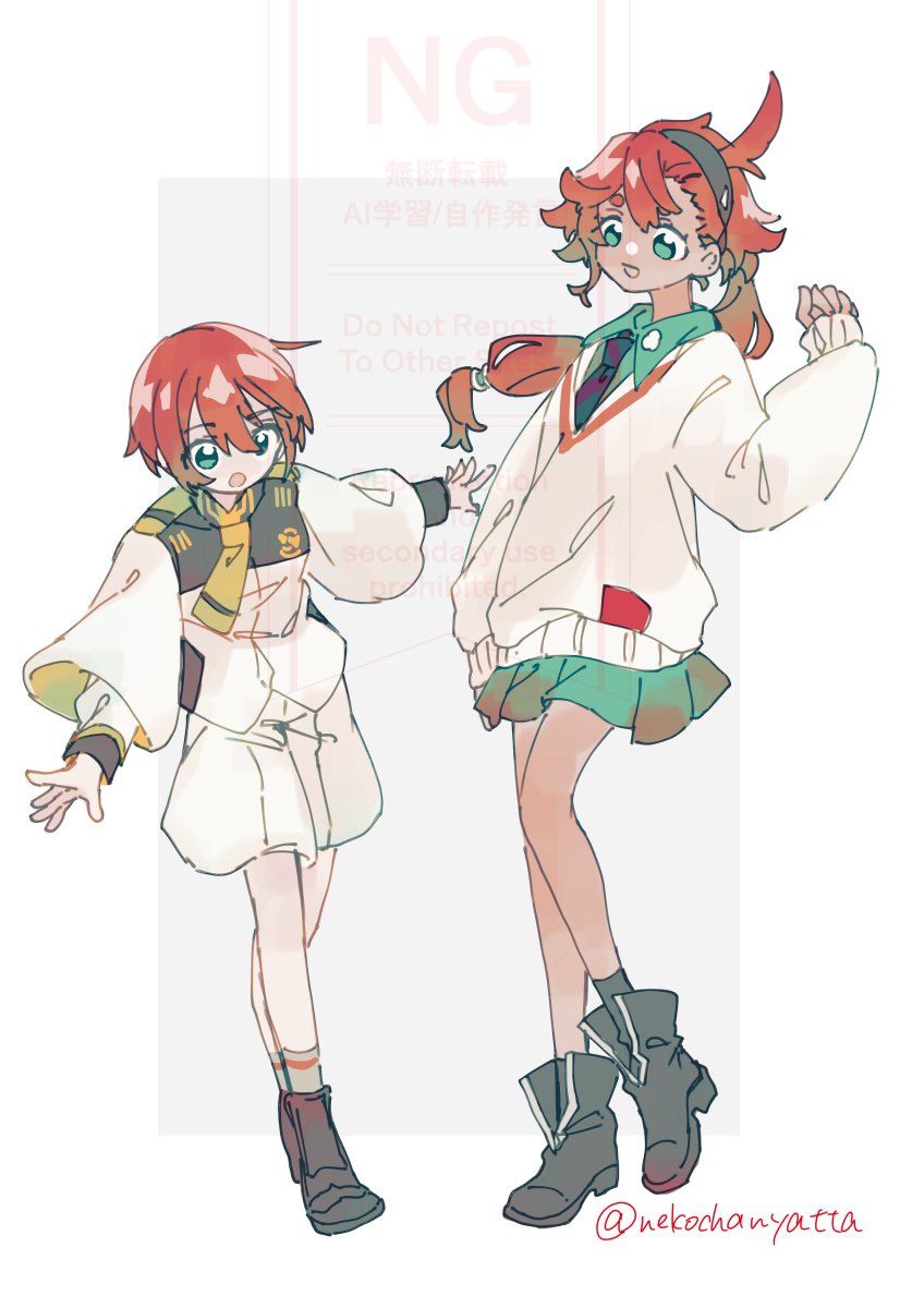 2girls ahoge amate_yuzuriha amate_yuzuriha_(cosplay) asticassia_school_uniform black_hairband cosplay gundam gundam_gquuuuuux gundam_suisei_no_majo hairband highres jacket long_hair looking_at_viewer multiple_girls necktie red_hair school_uniform short_hair shorts shoulder_boards simple_background smile suletta_mercury suletta_mercury_(cosplay) w00p