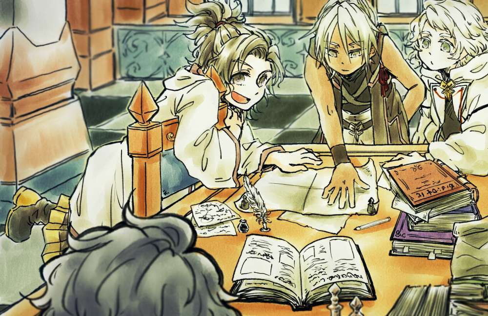 4boys baldr_(kingdom_hearts) black_footwear black_hair black_robe book book_stack boots brown_eyes checkered_floor chess_piece closed_mouth commentary_request dark-skinned_male dark_skin dot_nose eraqus foot_up green_eyes hand_in_pocket hand_on_table hermod_(kingdom_hearts) indoors kh_raimu kingdom_hearts kingdom_hearts_dark_road leaning_forward leaning_on_object male_focus multiple_boys obi open_book open_mouth paper partial_commentary quill robe sash smile topknot white_hair white_robe xehanort
