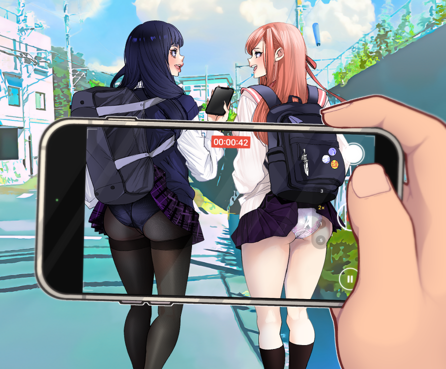2girls ass black_hair blue_eyes breasts contemporary final_fantasy final_fantasy_xiv gaia_(ff14) gyaru jewelry large_breasts lipstick long_hair long_sleeves makeup multiple_girls ooshima_ryou open_mouth orange_hair panties pink_lips ryne_waters smile underwear