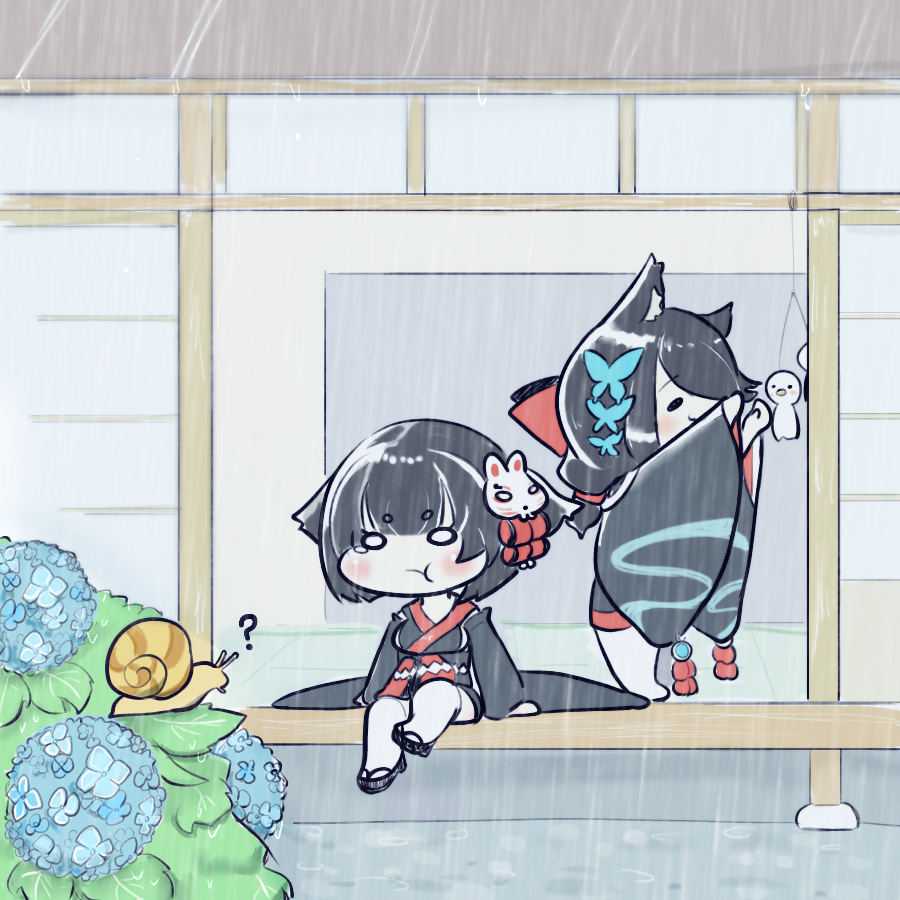 2girls ? animal_ear_fluff animal_ears arms_up azur_lane black_footwear black_hair black_kimono black_sash blue_flower blush butterfly_hair_ornament chibi closed_mouth commentary_request flower full_body fusou_(azur_lane) hair_ornament hair_ribbon himajin_(fd_jin) japanese_clothes kimono leaf long_hair long_sleeves mask mask_on_head multiple_girls no_nose obi plant pout rain red_ribbon ribbon sandals sash short_hair sitting snail standing tabi tearing_up teruterubouzu thighhighs white_thighhighs wide_oval_eyes wide_sleeves yamashiro_(azur_lane) zouri