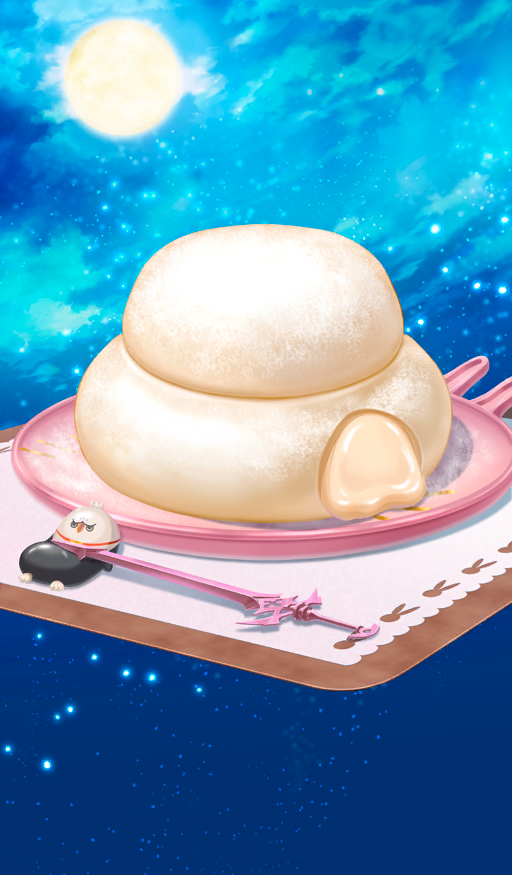 blue_background commentary fate/grand_order fate_(series) food food_focus full_moon hippogriff_(fate) kagami_mochi light_particles mochi moon no_humans official_art plate still_life third-party_source vulcano_caligorante xxxxay