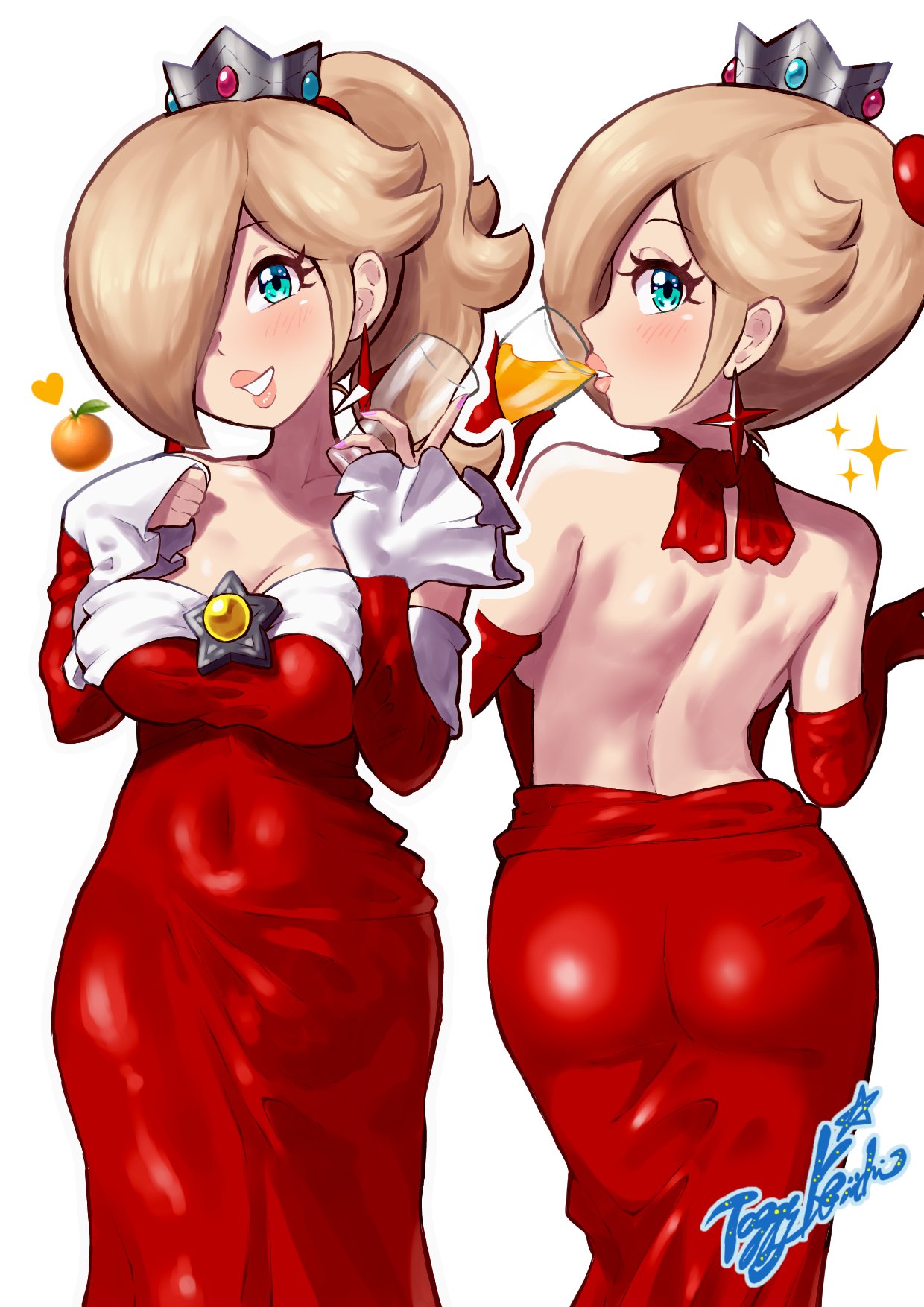 1girl ass bare_back bare_shoulders blonde_hair blue_eyes blush breasts brooch cleavage covered_navel crown cup dress drinking_glass earrings fire_rosalina hair_over_one_eye highres jewelry large_breasts mario_(series) multiple_views nintendo ponytail red_dress rosalina star_(symbol) star_earrings toggy_keiichi