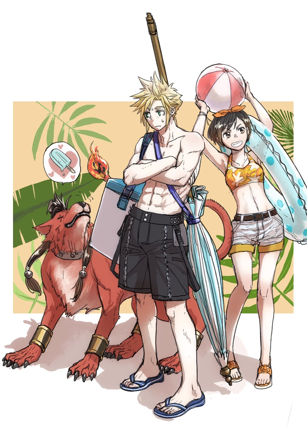 1girl 2boys abs arms_up ball beach_umbrella beachball bikini bikini_top_only bracer cloud_strife cloud_strife_(wild_surf) final_fantasy final_fantasy_vii final_fantasy_vii_remake flame-tipped_tail food highres holding holding_ball holding_beachball male_swimwear multiple_boys muscular muscular_male official_alternate_costume popsicle red_fur red_xiii sandals scar scar_across_eye scar_on_face short_shorts shorts smile sweatdrop swim_trunks swimsuit topless_male umbrella youne_(youneko) yuffie_kisaragi yuffie_kisaragi_(summer_orange)