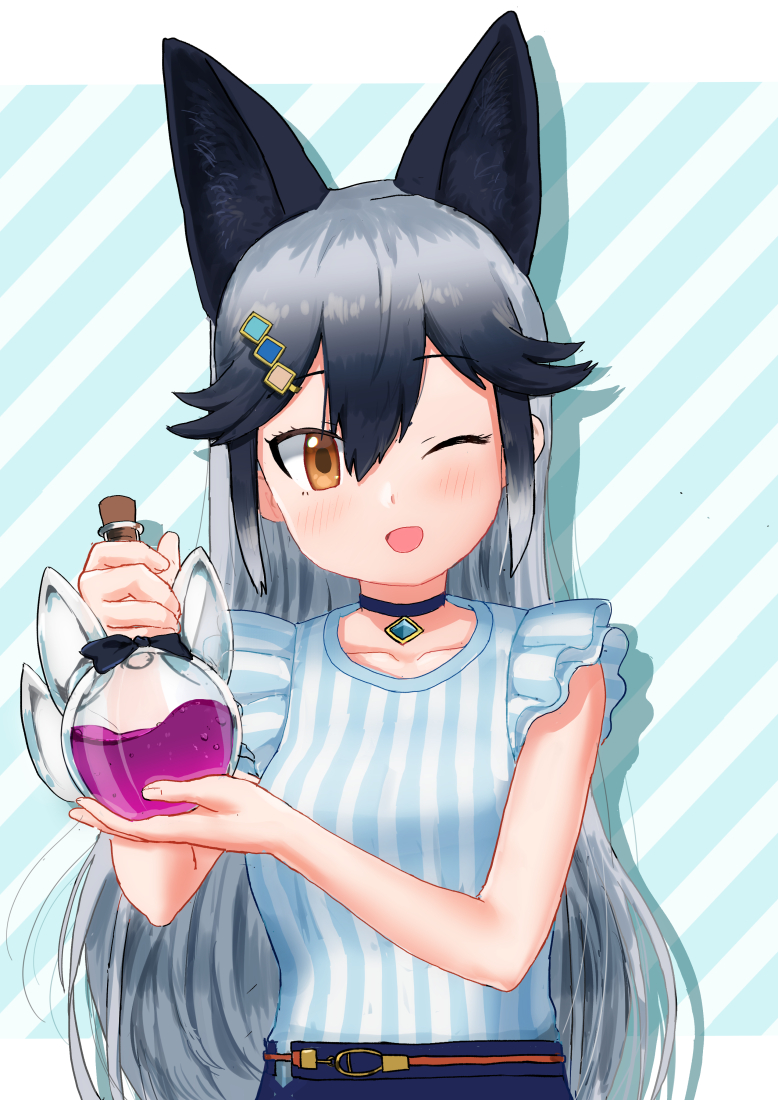 1girl animal_ears black_choker black_hair blue_shirt blue_skirt blush casual choker extra_ears fox_ears fox_girl frilled_sleeves frills grey_hair hair_between_eyes hair_ornament hairclip kemono_friends kemono_friends_3 looking_at_viewer multicolored_hair official_alternate_costume one_eye_closed open_mouth orange_eyes potion shirt sidelocks silver_fox_(kemono_friends) skirt smile solo striped_clothes striped_shirt two-tone_shirt white_shirt yumeumi_sousaku
