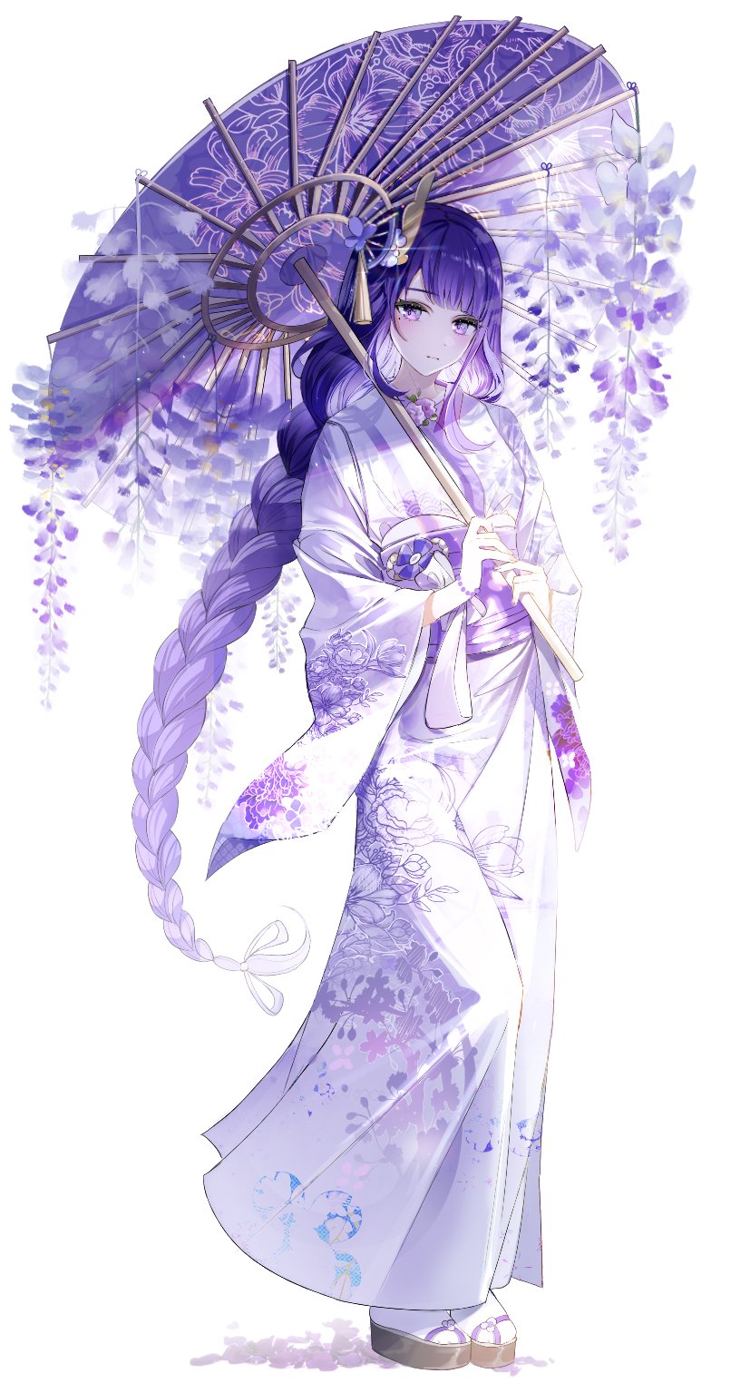 1girl bead_bracelet beads black_footwear blunt_bangs bracelet butterfly_hair_ornament floral_print flower full_body genshin_impact hair_ornament highres holding holding_umbrella isobe47 japanese_clothes jewelry kimono long_hair mole mole_under_eye obi oil-paper_umbrella platform_footwear purple_hair purple_kimono raiden_shogun sash sidelocks simple_background socks solo standing umbrella umbrella_flower very_long_hair white_background white_socks wisteria