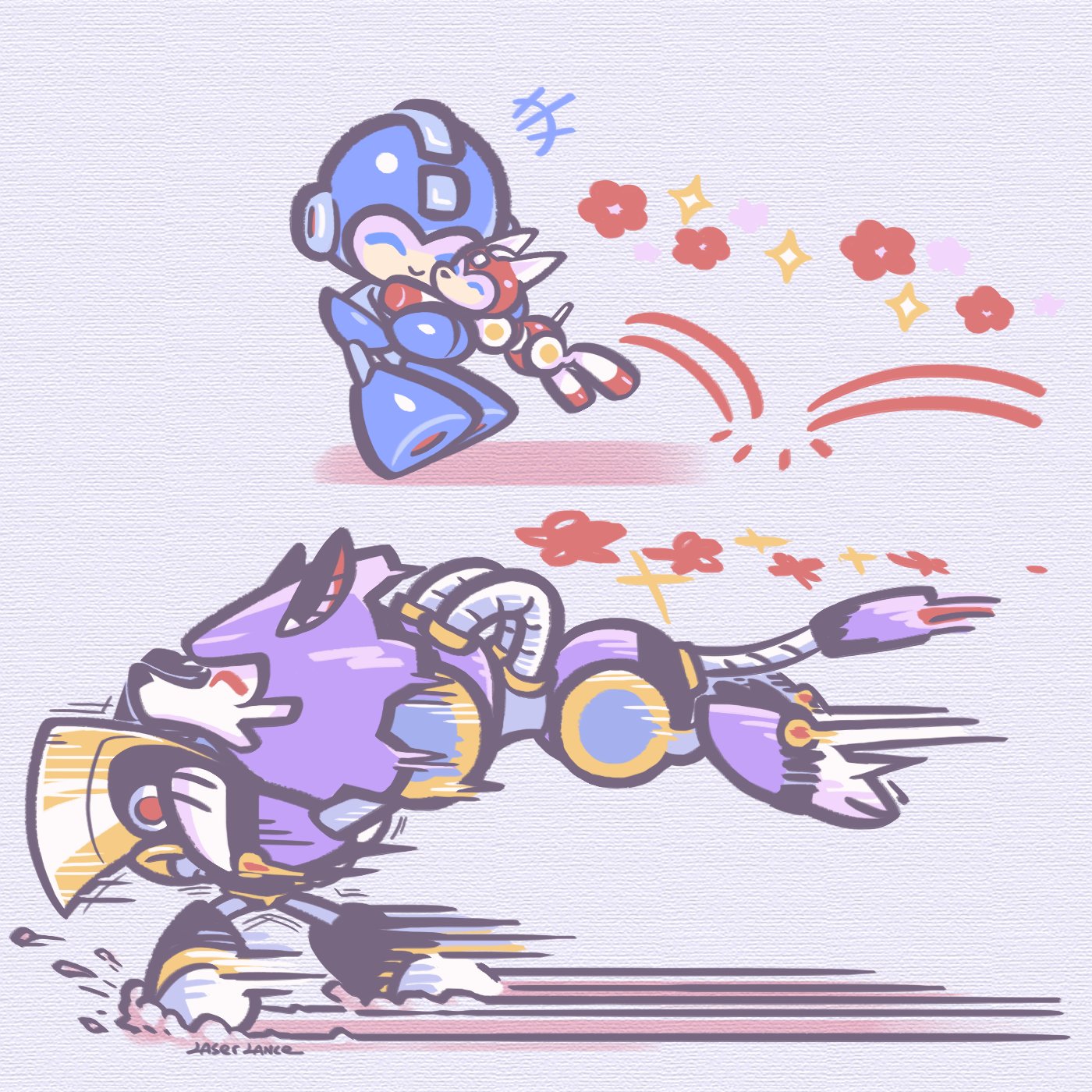 2boys armor bass_(mega_man) black_armor black_helmet blue_bodysuit blue_helmet bodysuit chibi fins full_body head_fins helmet highres laser-lance male_focus mega_man_(character) mega_man_(classic) mega_man_(series) multiple_boys non-humanoid_robot purple_armor purple_helmet red_armor red_helmet robot robot_animal robot_dog rush_(mega_man) treble_(mega_man)