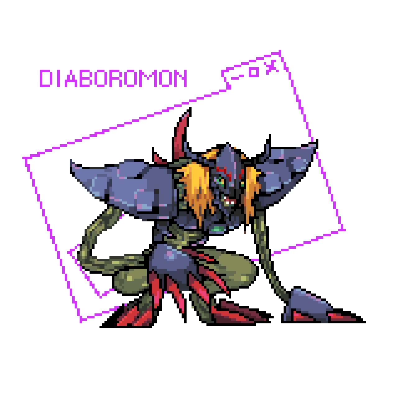 blonde_hair character_request diablomon digimon digimon_(creature) full_body green_eyes haopanyo highres horns long_arms medium_hair no_humans pixel_art simple_background solo white_background yellow_eyes