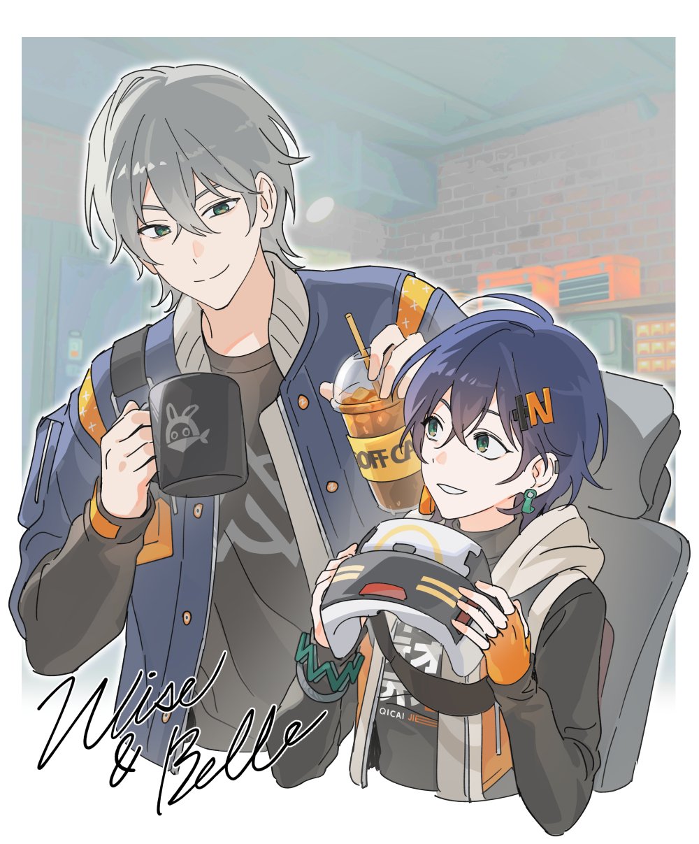 1boy 1girl angduuuu_(ghost) belle_(zenless_zone_zero) blue_hair brother_and_sister chair character_name coffee cup disposable_cup earrings fingerless_gloves gloves green_eyes grey_hair hair_between_eyes hair_ornament head-mounted_display highres holding holding_cup iced_coffee indoors jewelry long_sleeves mug orange_gloves short_hair siblings single_glove upper_body wise_(zenless_zone_zero) zenless_zone_zero